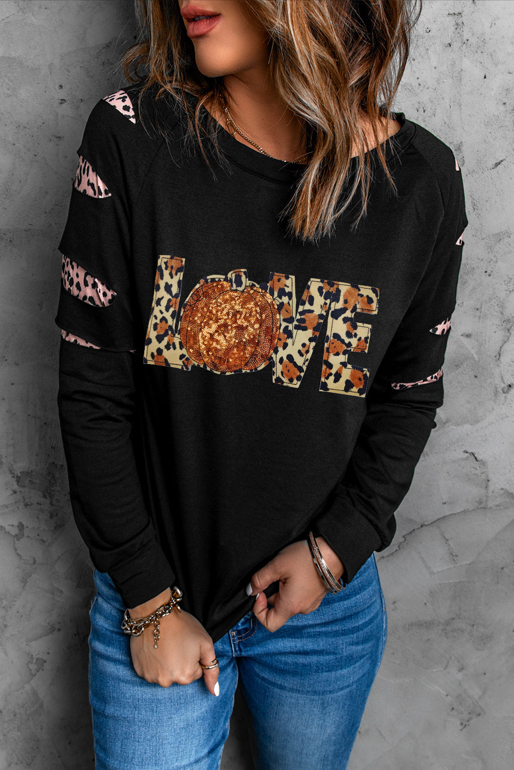 LOVE Sequin Pumpkin Leopard Long Sleeve Sweatshirt