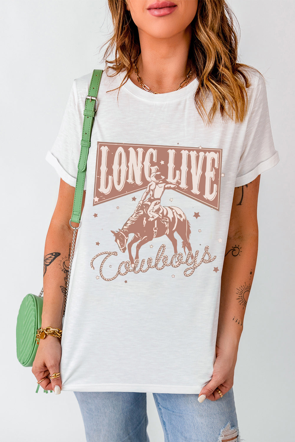 LONG LIVE COWBOYS Graphic Round Neck Short Sleeve T-Shirt