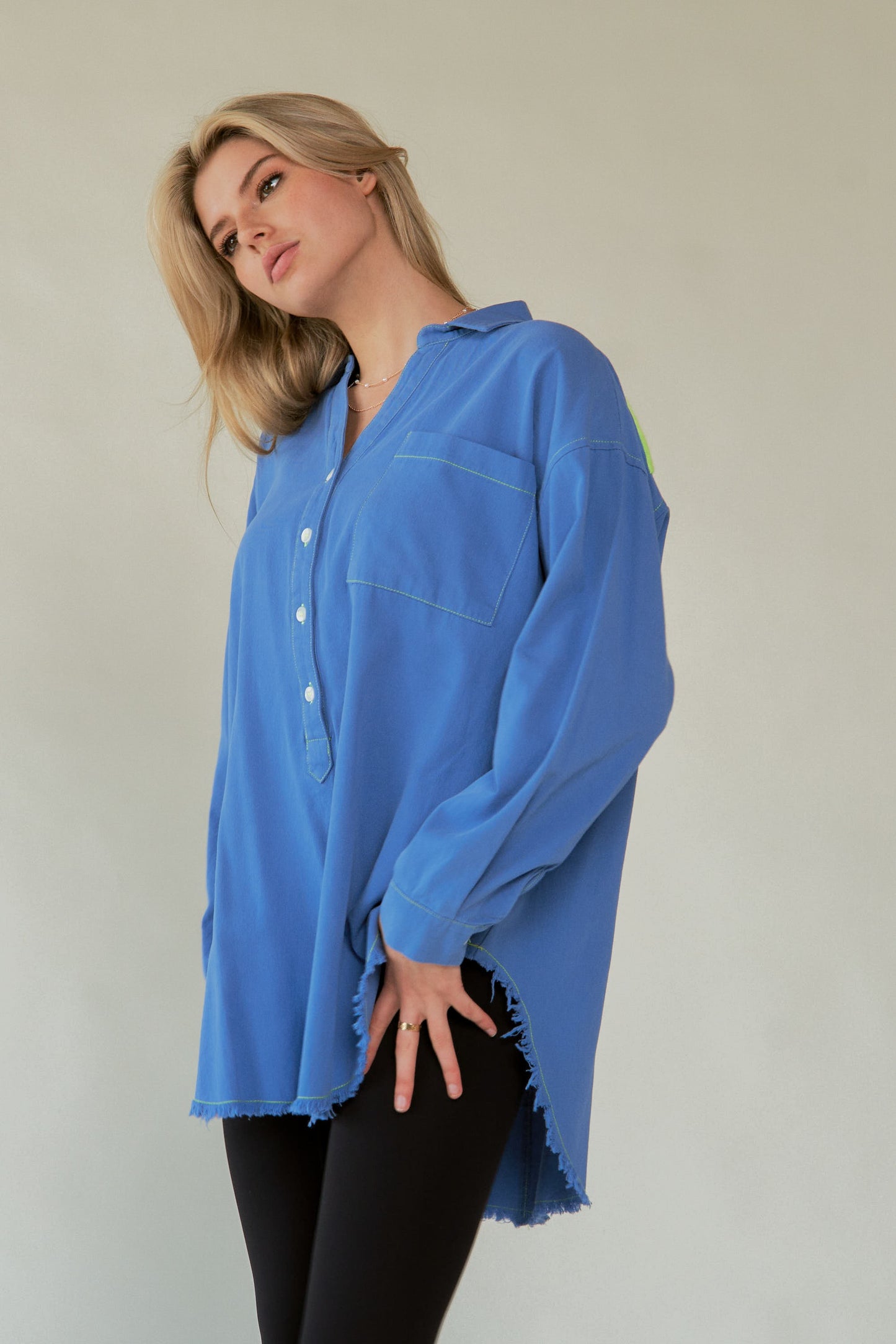 Davi & Dani AMOR Letter Back Raw Hem Half Button Shirt