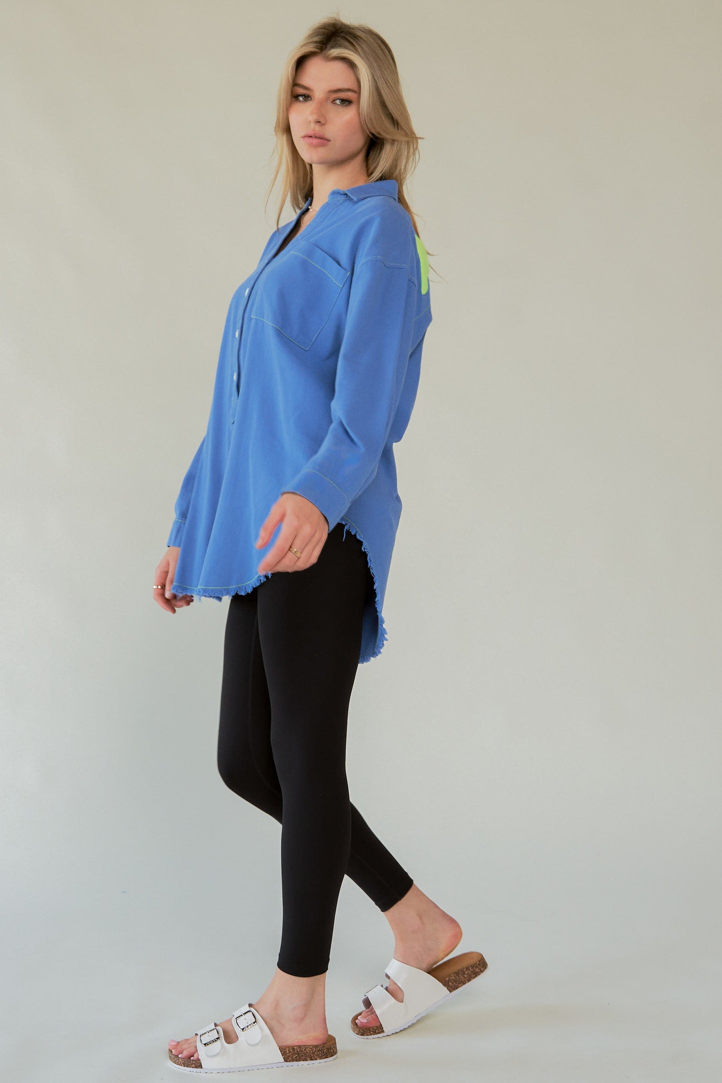 Davi & Dani AMOR Letter Back Raw Hem Half Button Shirt