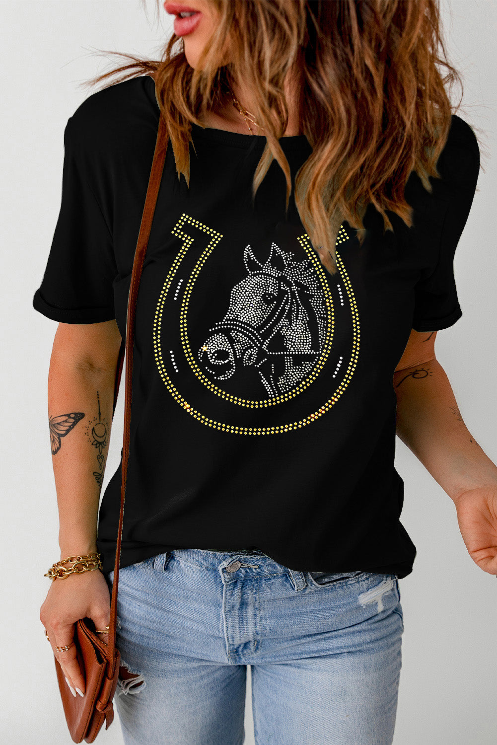 Horseshoe Horse Rhinestone Round Neck Short Sleeve T-Shirt