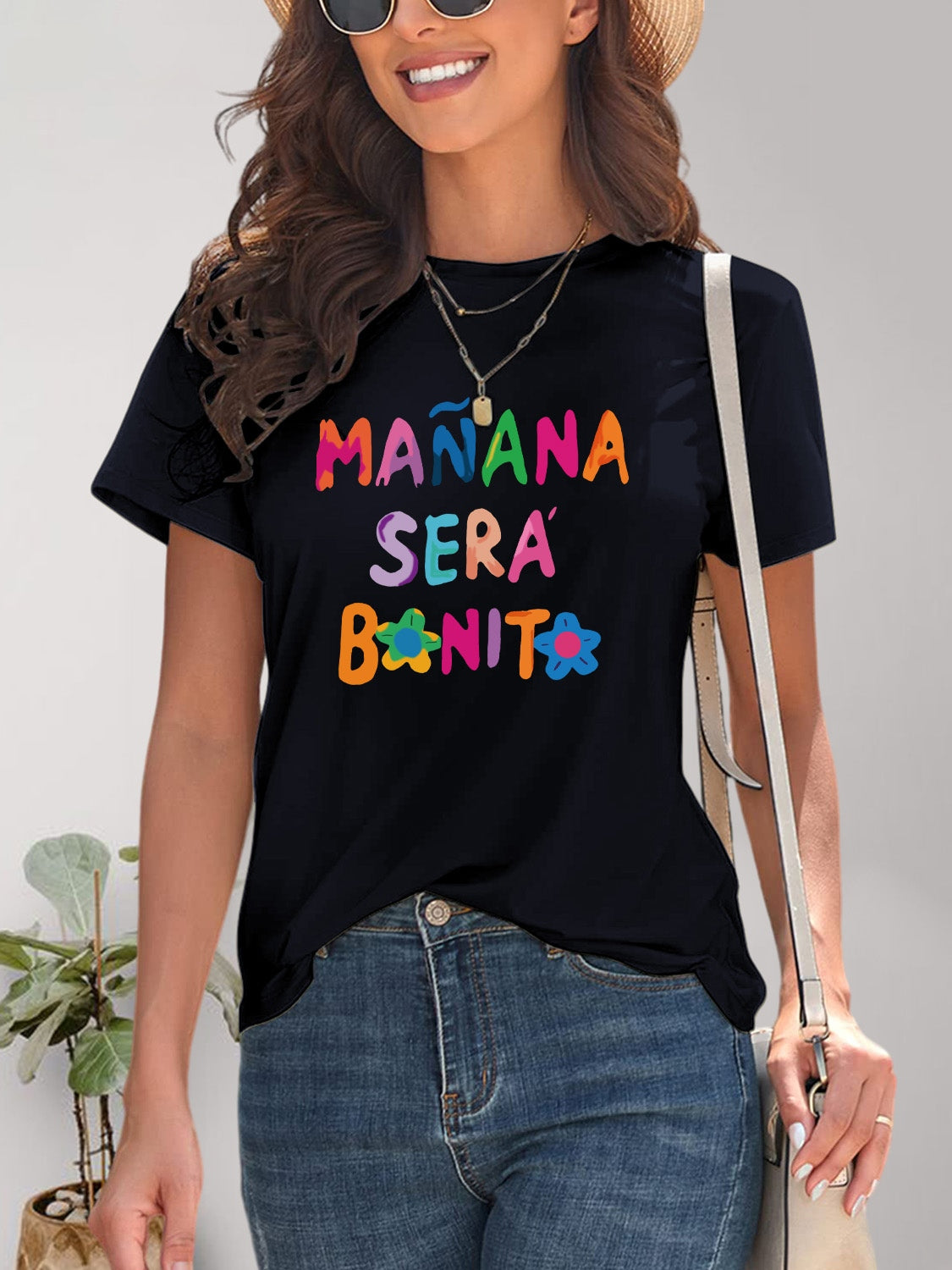 MAÑANA SERA BONITA Letter Graphic Round Neck Short Sleeve T-Shirt