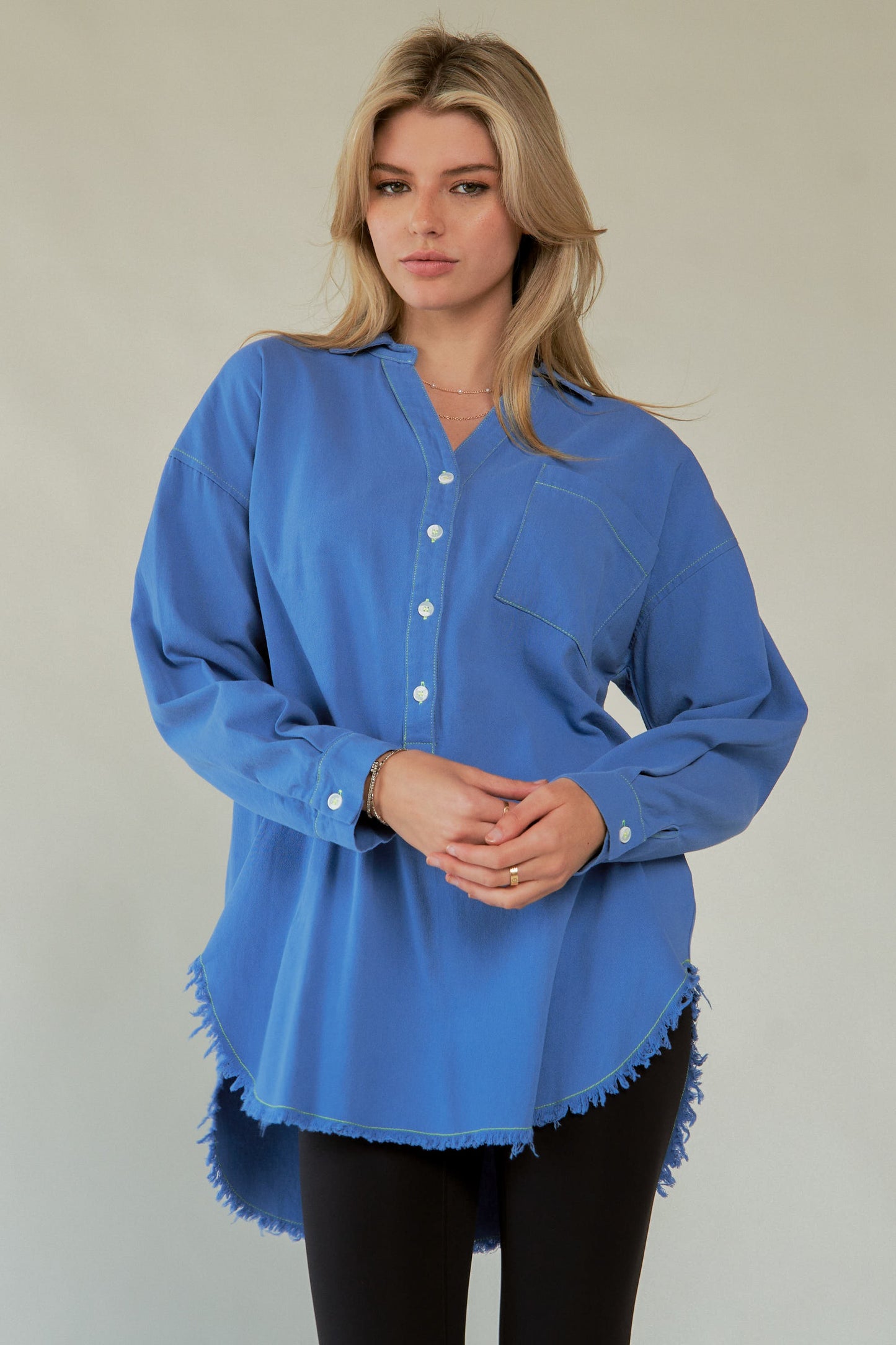 Davi & Dani AMOR Letter Back Raw Hem Half Button Shirt