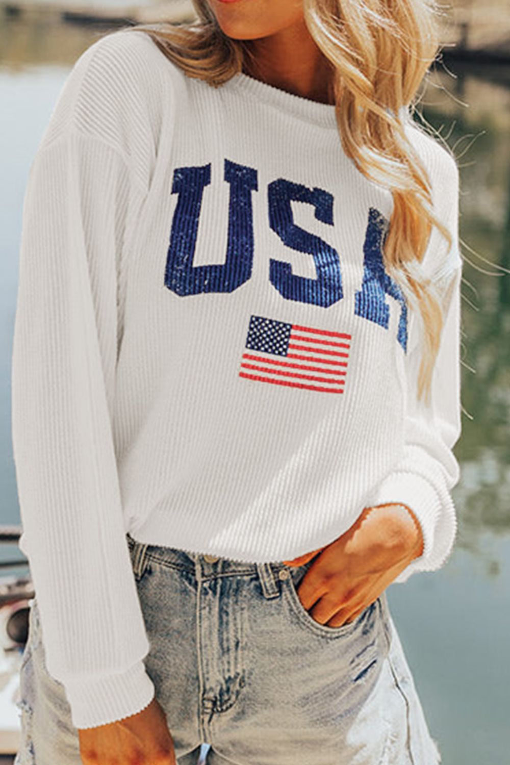 USA Flag Corded Long Sleeve Sweatshirt