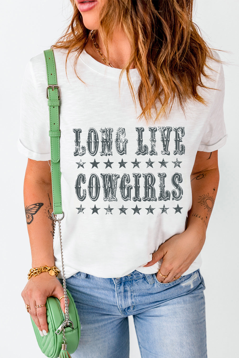 LONG LIVE COWGIRLS Letter Graphic Round Neck Short Sleeve T-Shirt