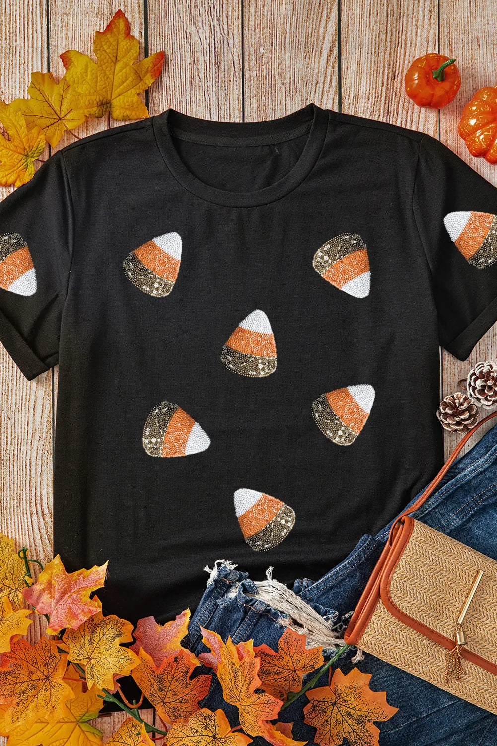 Candy Corn Sequin Round Neck Short Sleeve T-Shirt