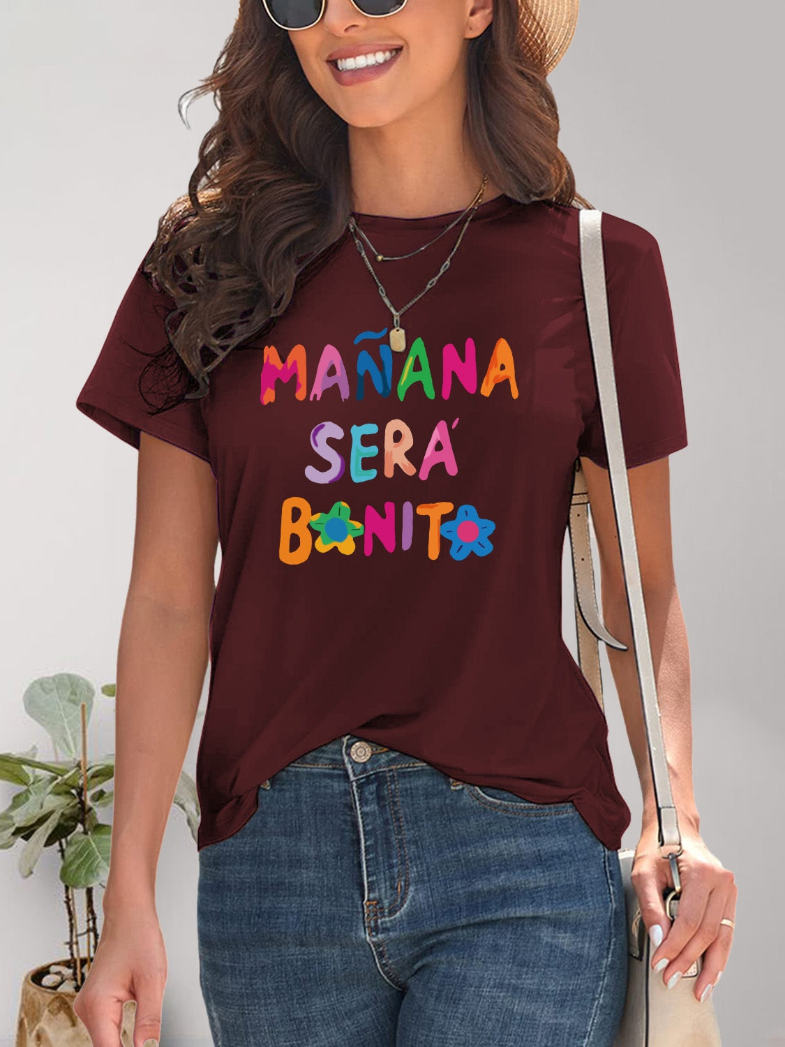 MAÑANA SERA BONITA Letter Graphic Round Neck Short Sleeve T-Shirt