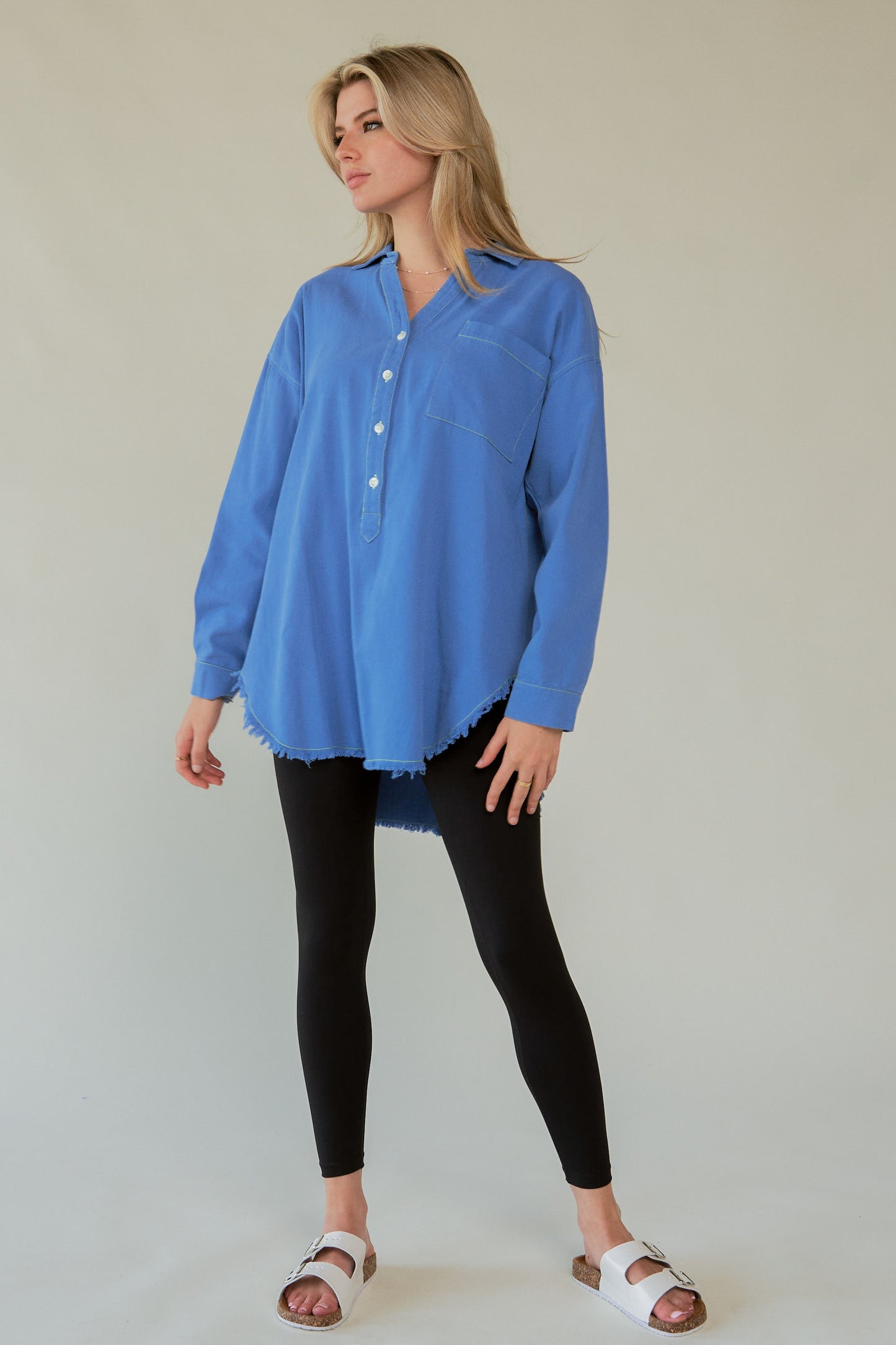 Davi & Dani AMOR Letter Back Raw Hem Half Button Shirt