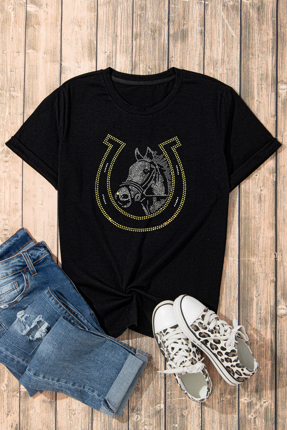 Horseshoe Horse Rhinestone Round Neck Short Sleeve T-Shirt