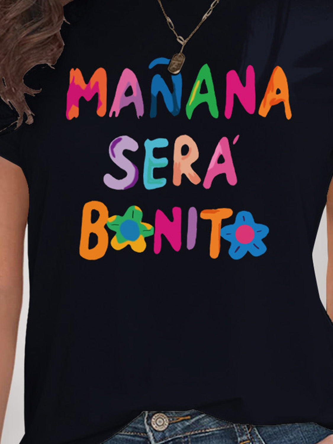 MAÑANA SERA BONITA Letter Graphic Round Neck Short Sleeve T-Shirt