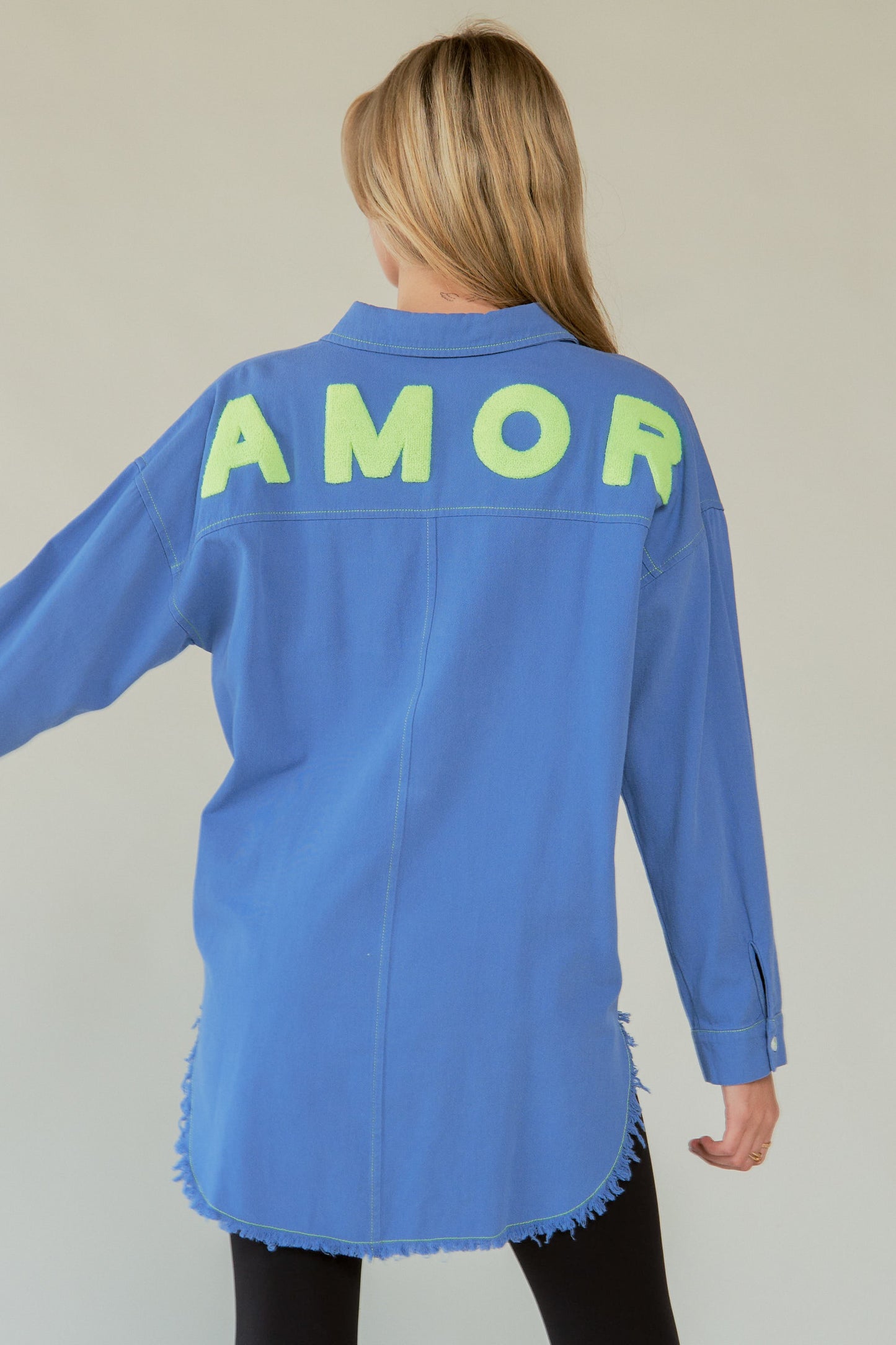 Davi & Dani AMOR Letter Back Raw Hem Half Button Shirt