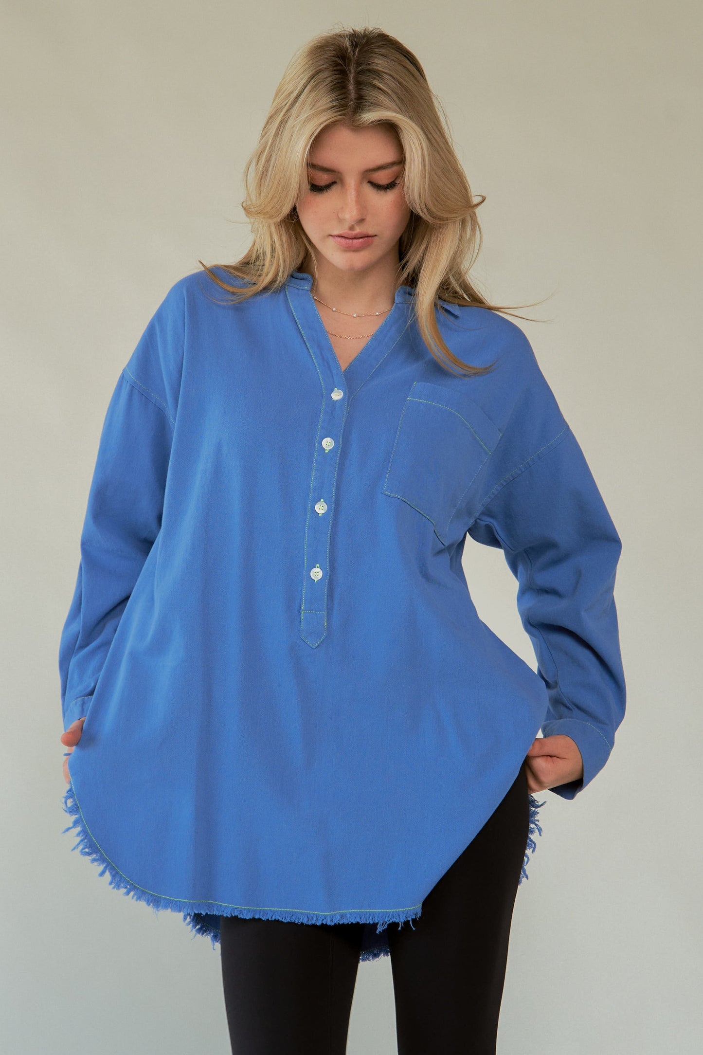 Davi & Dani AMOR Letter Back Raw Hem Half Button Shirt
