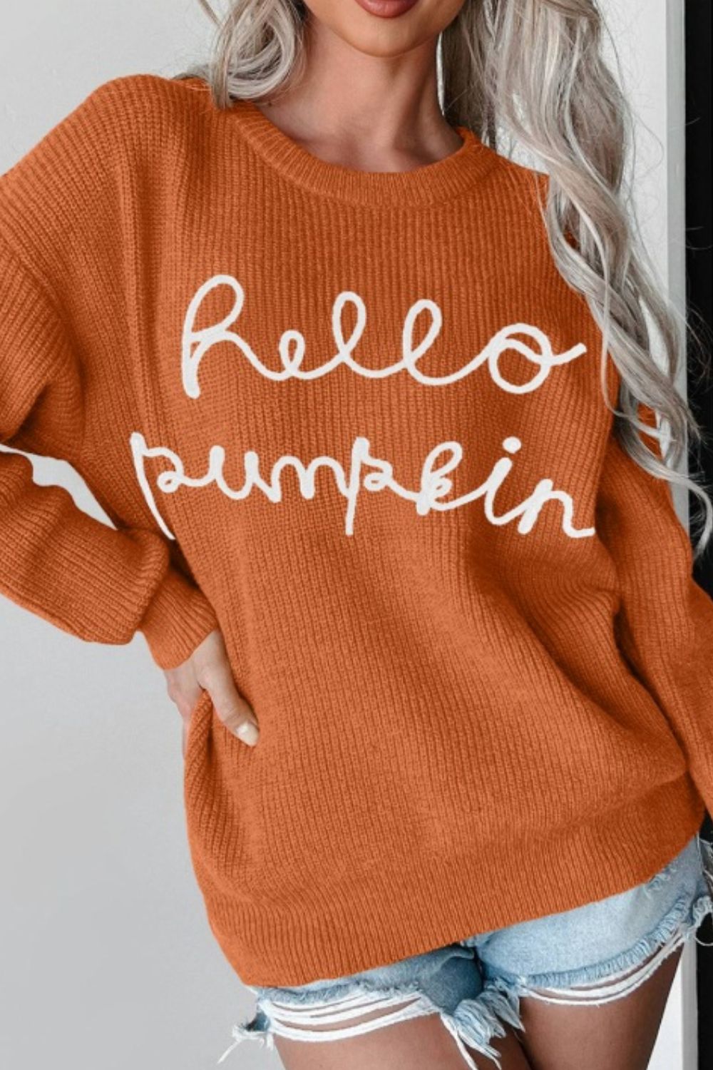 HELLO PUMPKIN Letter Graphic Round Neck Long Sleeve Sweater