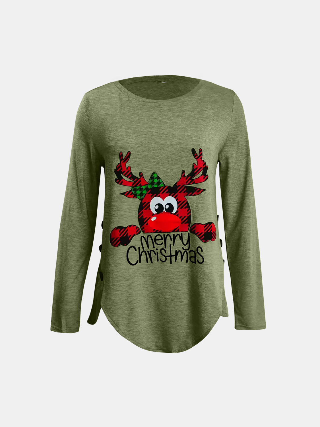 Full Size Reindeer MERRY CHRISTMAS Round Neck Long Sleeve T-Shirt