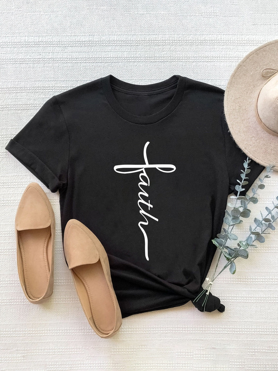 FAITH Cross Letter Graphic Round Neck Short Sleeve T-Shirt