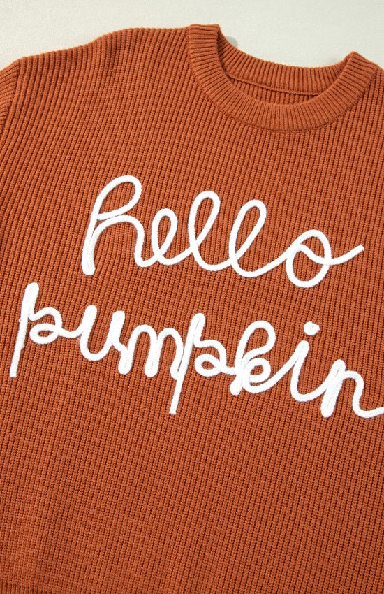 HELLO PUMPKIN Letter Graphic Round Neck Long Sleeve Sweater