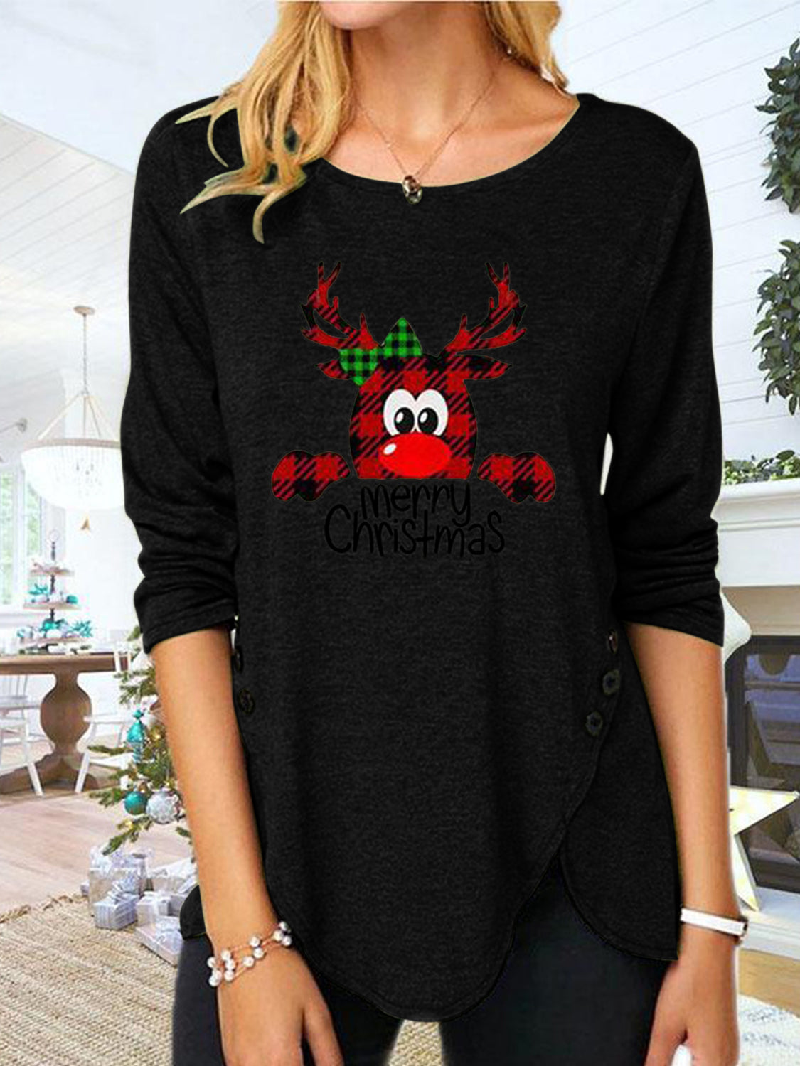 Full Size Reindeer MERRY CHRISTMAS Round Neck Long Sleeve T-Shirt