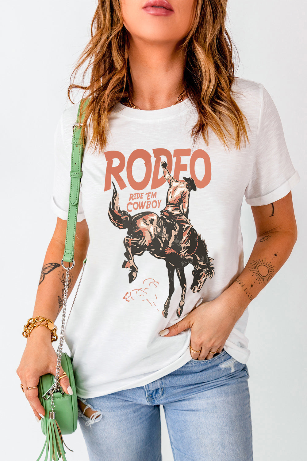 RODEO RIDE 'EM COWBOY Cowboy Graphic Round Neck Short Sleeve T-Shirt
