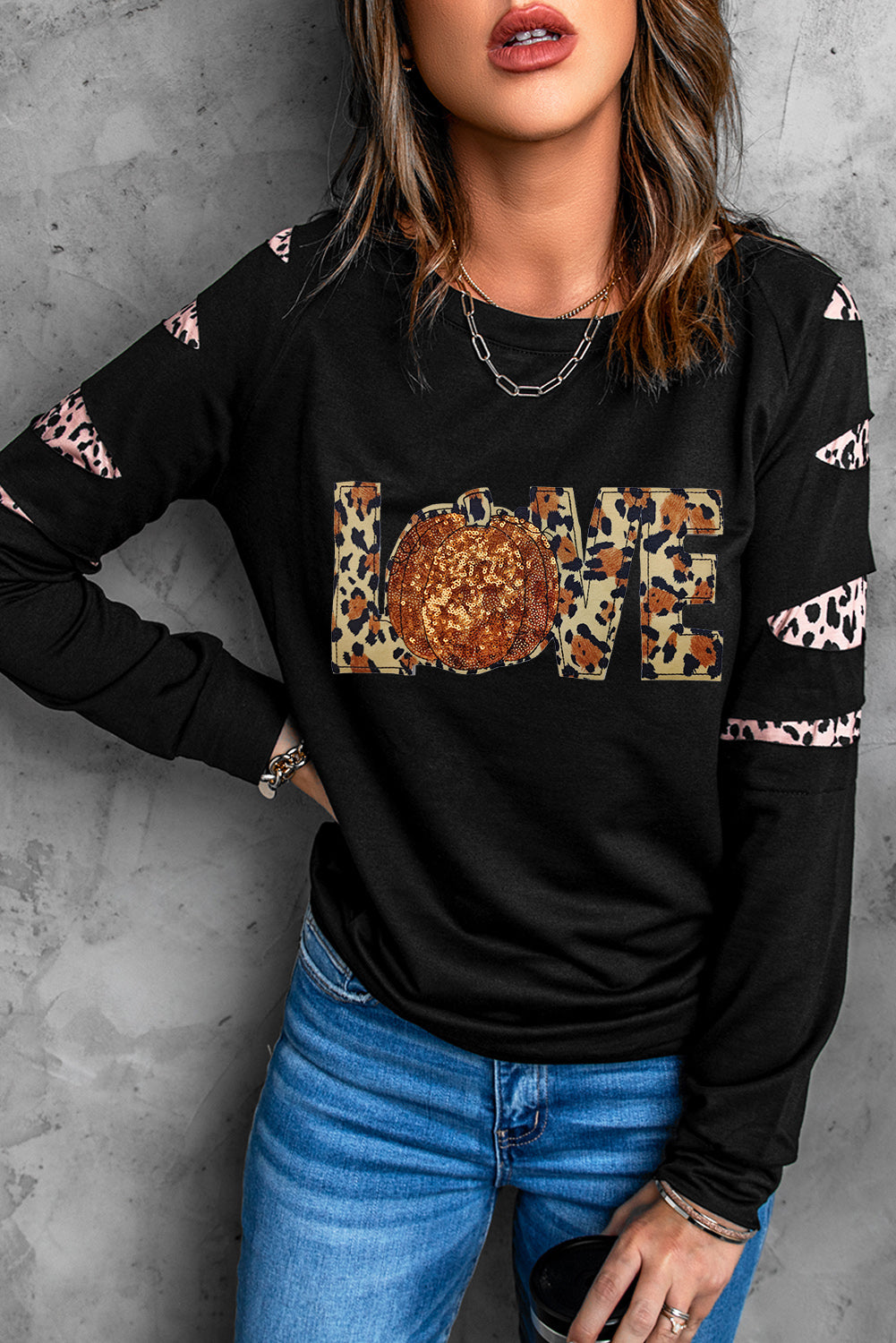 LOVE Sequin Pumpkin Leopard Long Sleeve Sweatshirt