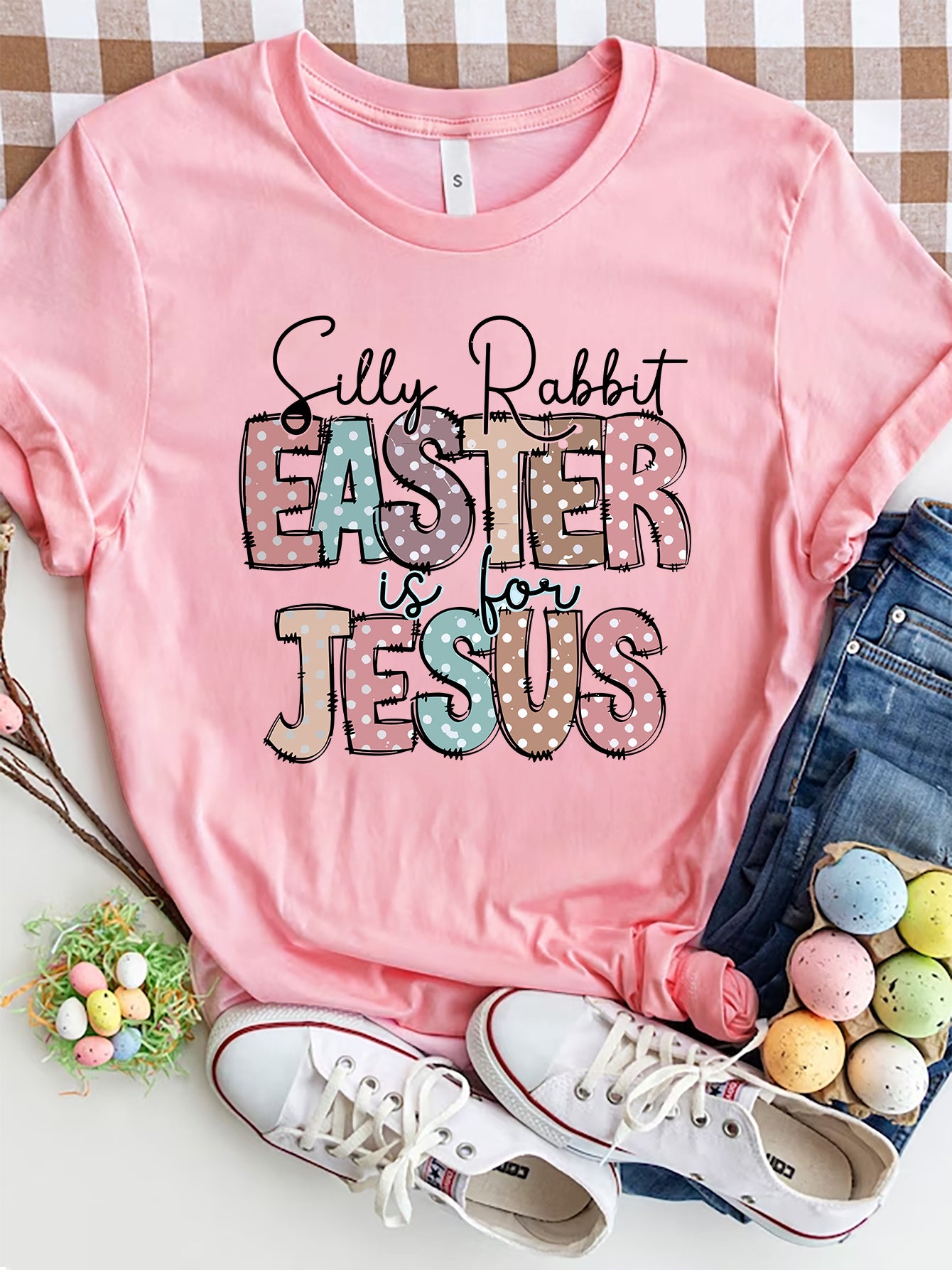 SILLY RABBIT EASTER IS FOR JESUS Letter Graphic Round Neck Short Sleeve T-Shirt
