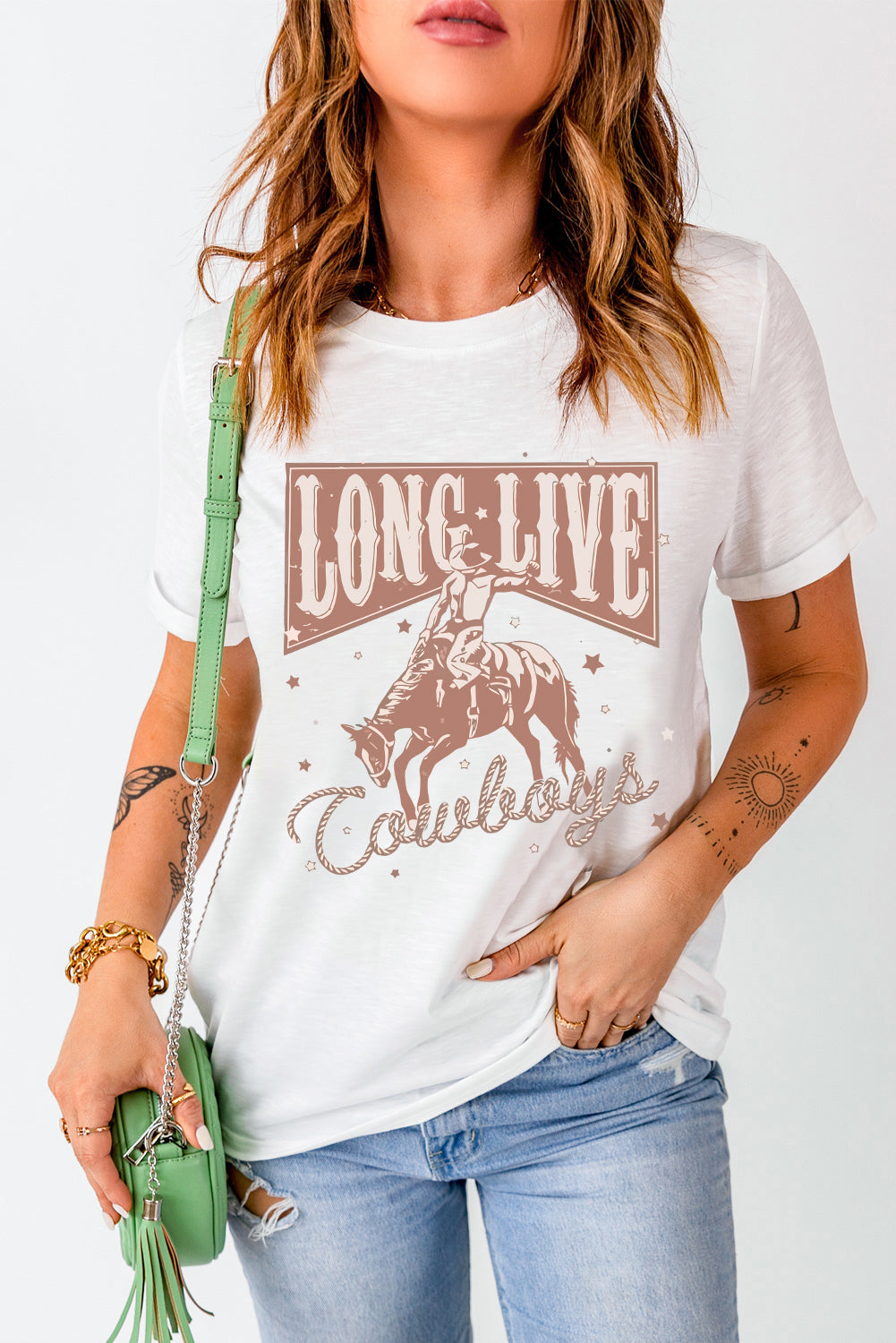 LONG LIVE COWBOYS Graphic Round Neck Short Sleeve T-Shirt