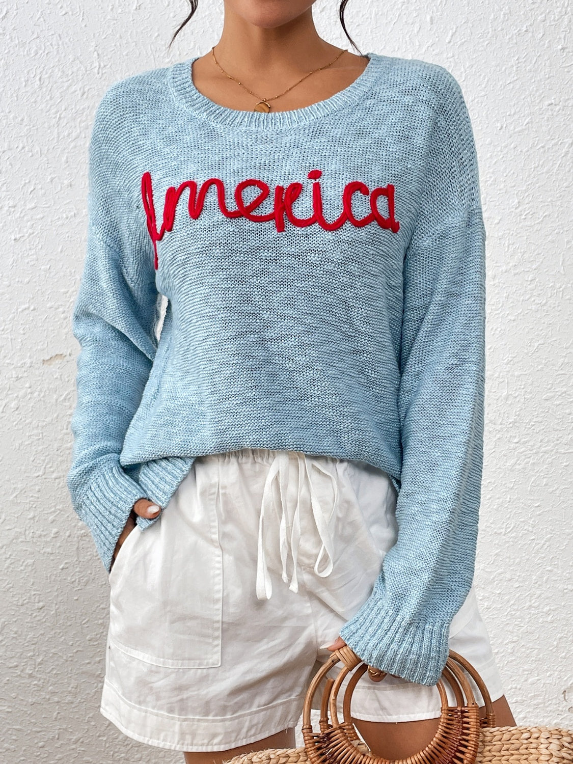 AMERICA Letter Round Neck Long Sleeve Sweater