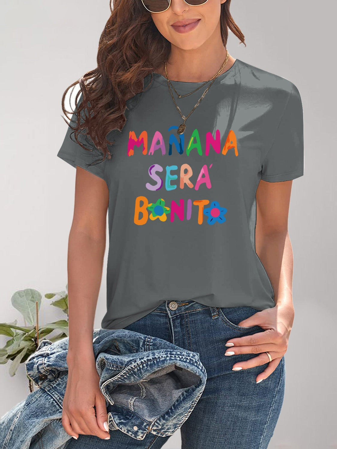 MAÑANA SERA BONITA Letter Graphic Round Neck Short Sleeve T-Shirt
