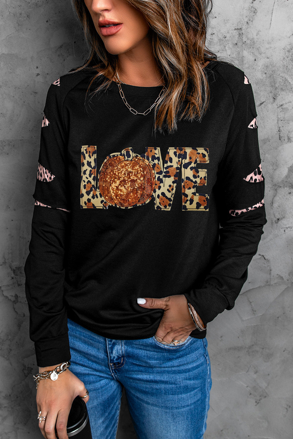 LOVE Sequin Pumpkin Leopard Long Sleeve Sweatshirt