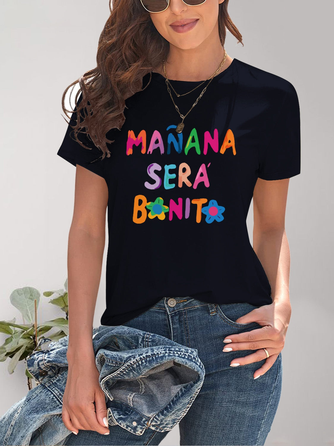 MAÑANA SERA BONITA Letter Graphic Round Neck Short Sleeve T-Shirt