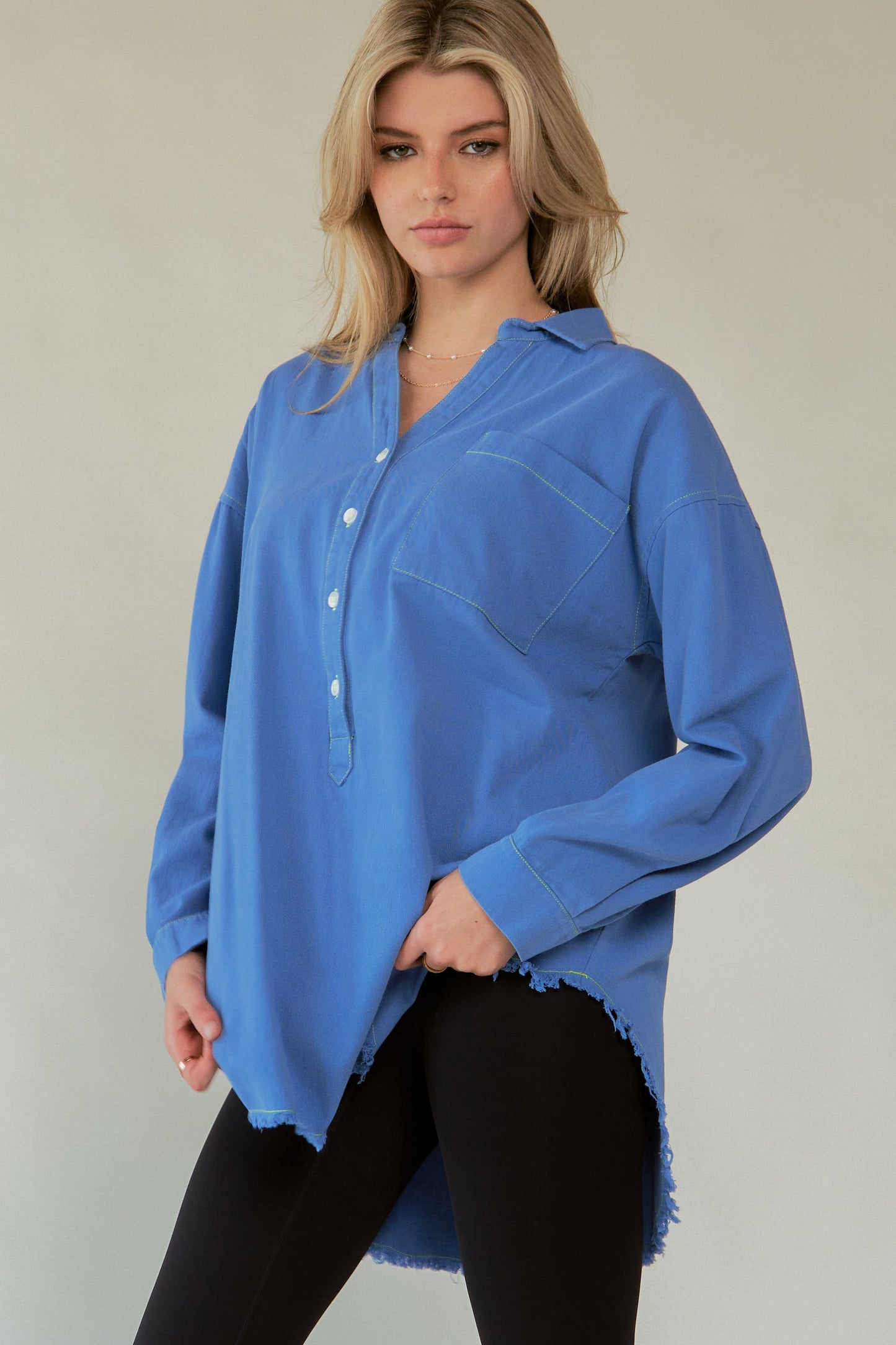 Davi & Dani AMOR Letter Back Raw Hem Half Button Shirt