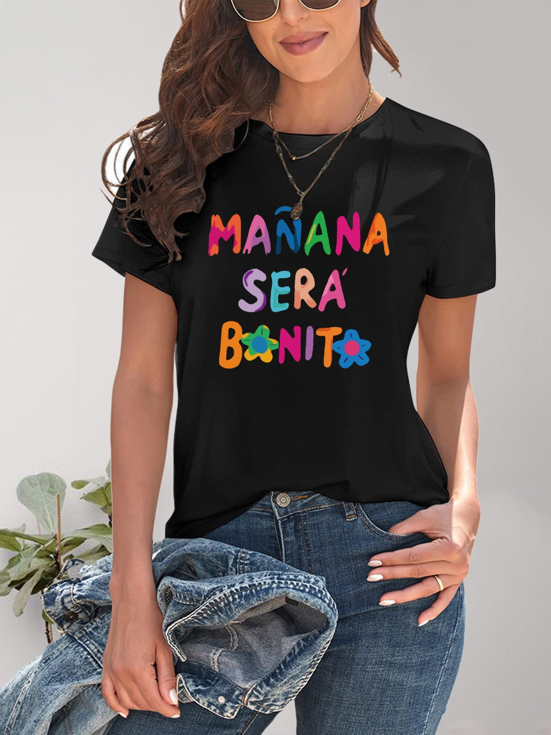 MAÑANA SERA BONITA Letter Graphic Round Neck Short Sleeve T-Shirt