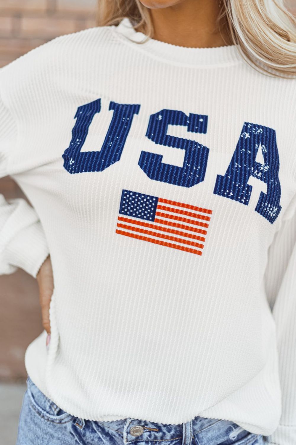 USA Flag Corded Long Sleeve Sweatshirt