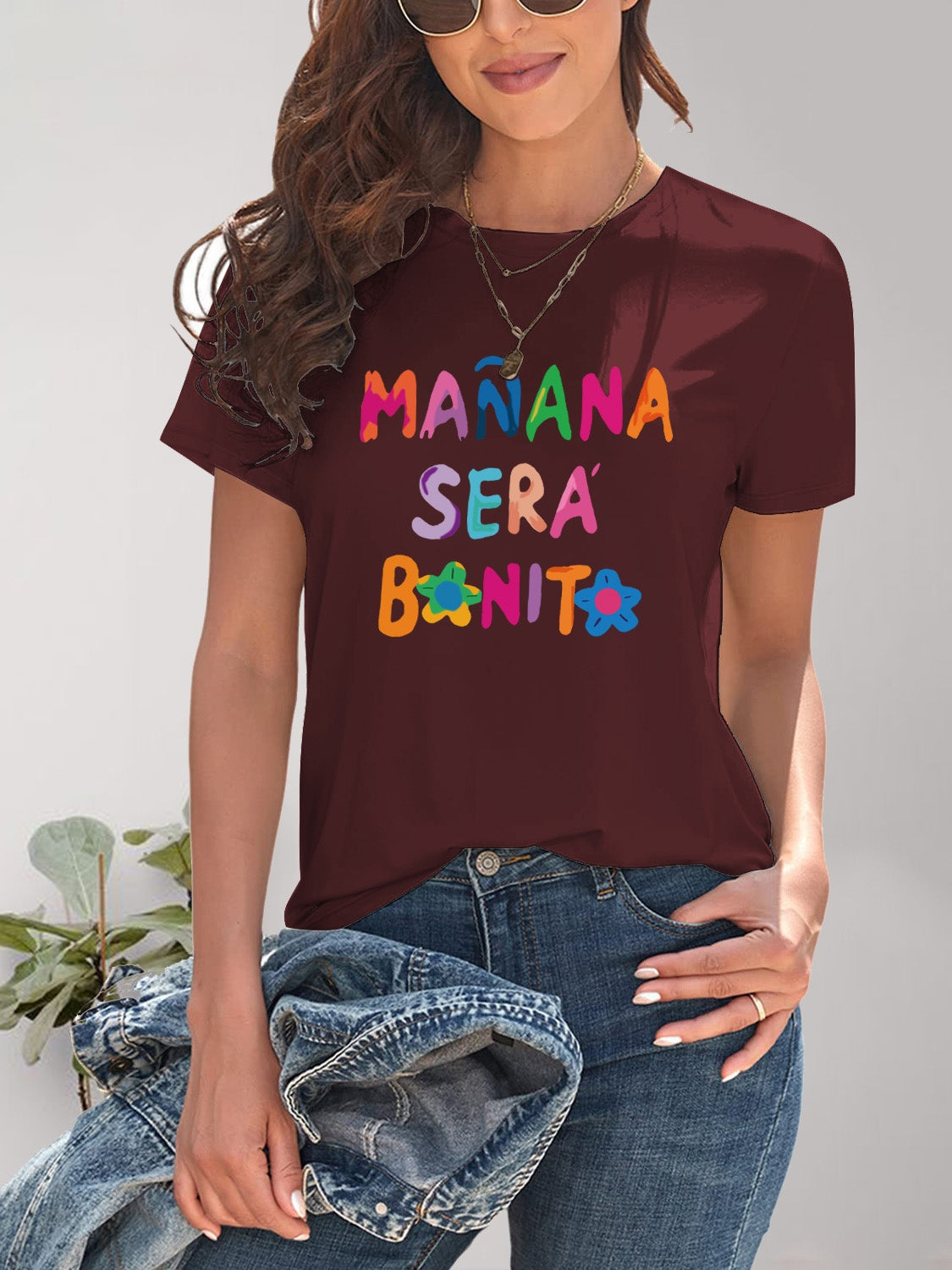 MAÑANA SERA BONITA Letter Graphic Round Neck Short Sleeve T-Shirt