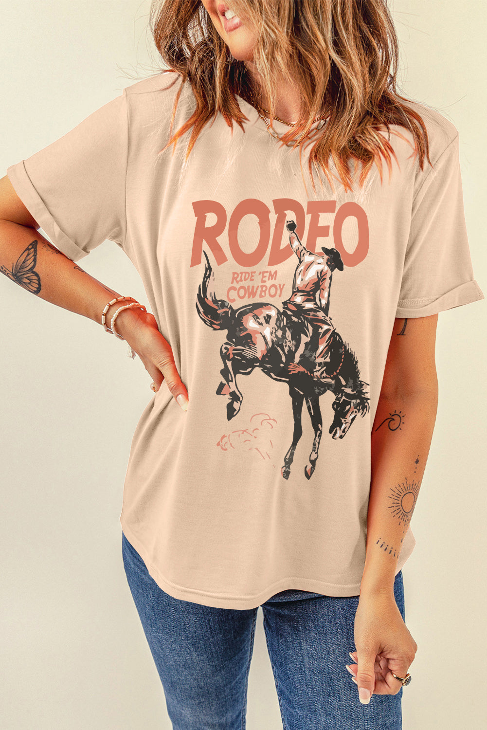 RODEO RIDE 'EM COWBOY Cowboy Graphic Round Neck Short Sleeve T-Shirt