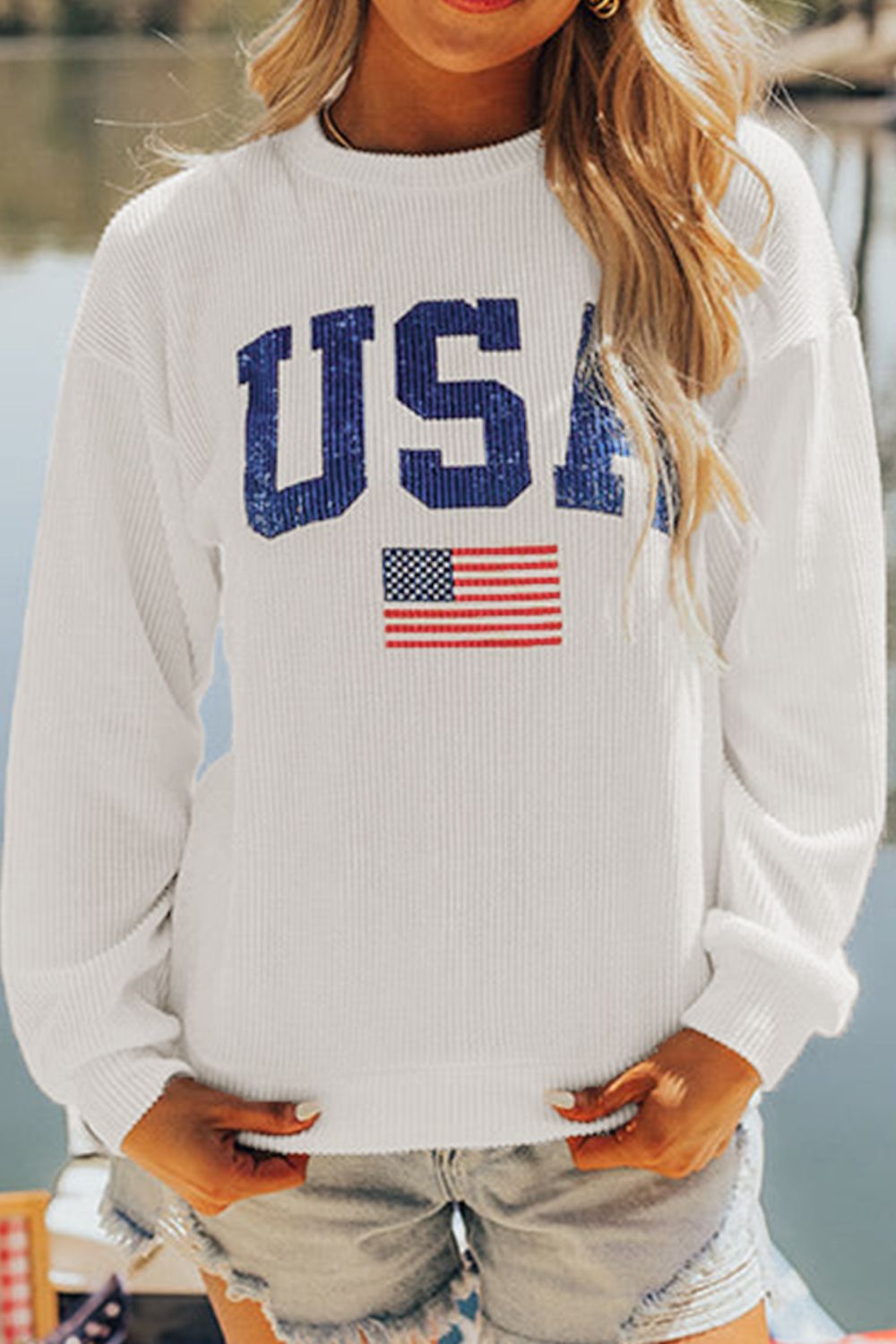 USA Flag Corded Long Sleeve Sweatshirt