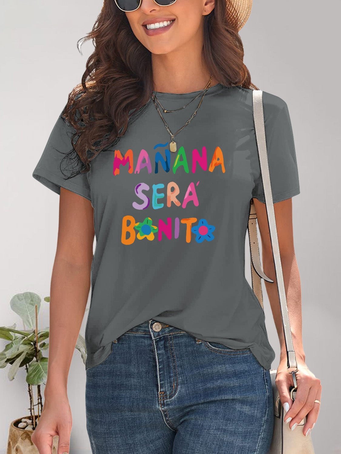 MAÑANA SERA BONITA Letter Graphic Round Neck Short Sleeve T-Shirt