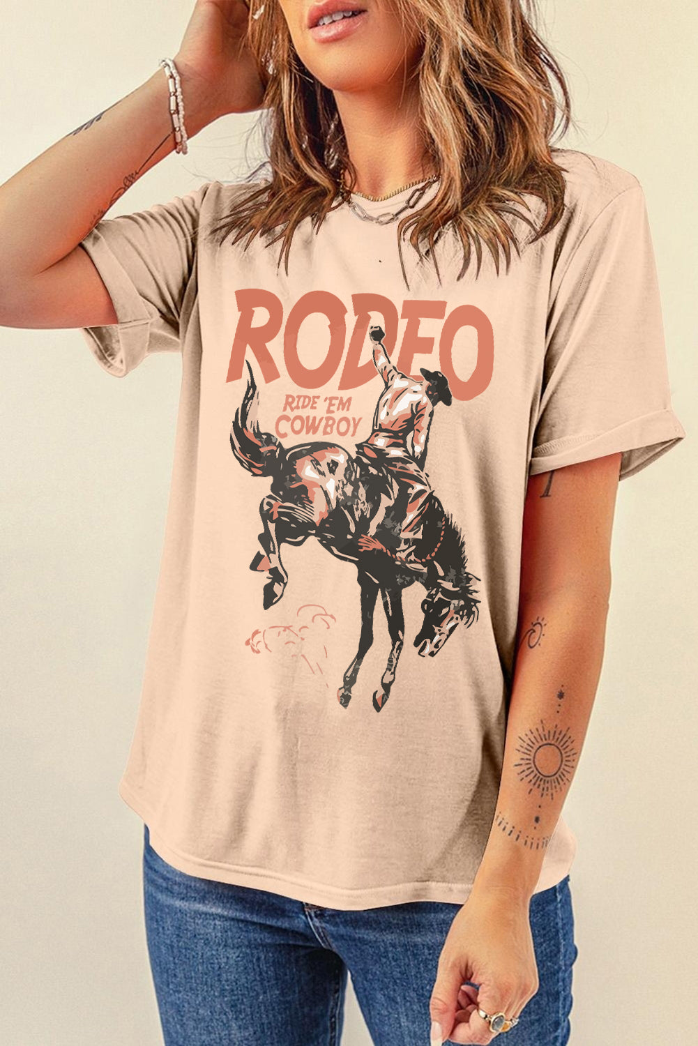 RODEO RIDE 'EM COWBOY Cowboy Graphic Round Neck Short Sleeve T-Shirt
