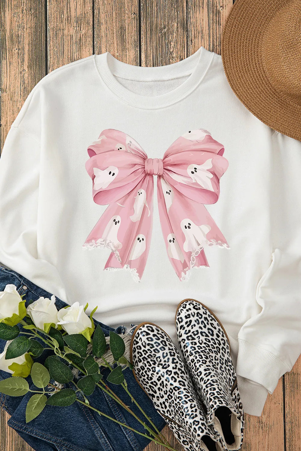Ghost Bow Round Neck Long Sleeve Sweatshirt