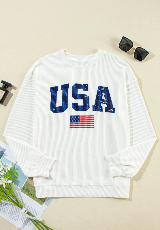 USA Flag Corded Long Sleeve Sweatshirt