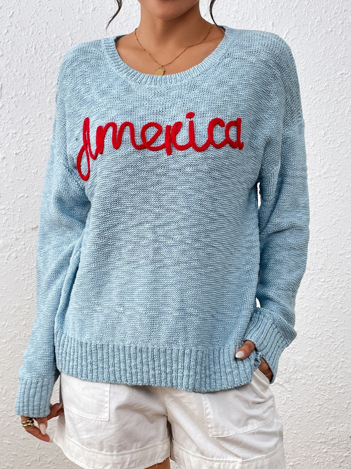 AMERICA Letter Round Neck Long Sleeve Sweater