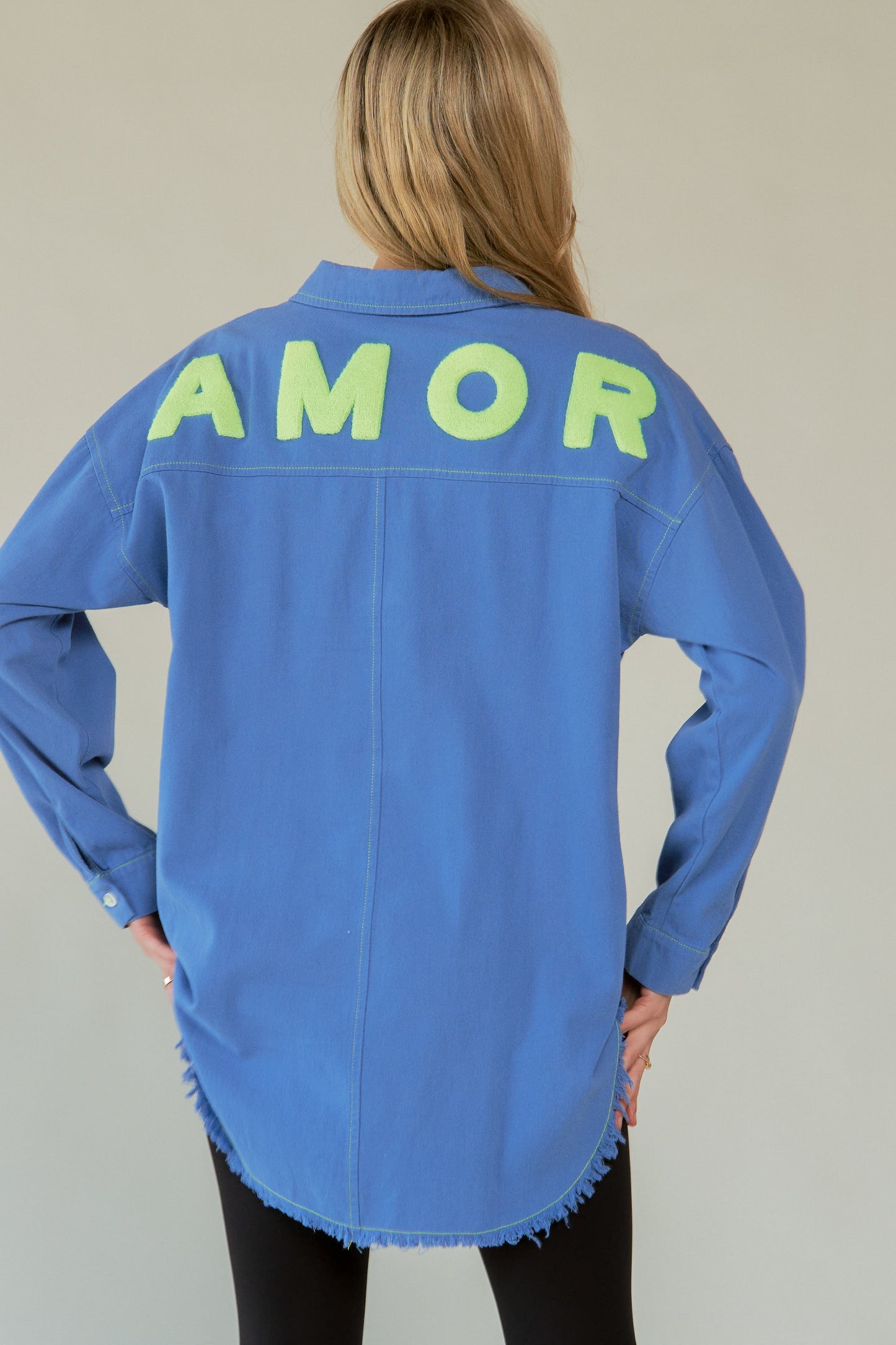 Davi & Dani AMOR Letter Back Raw Hem Half Button Shirt