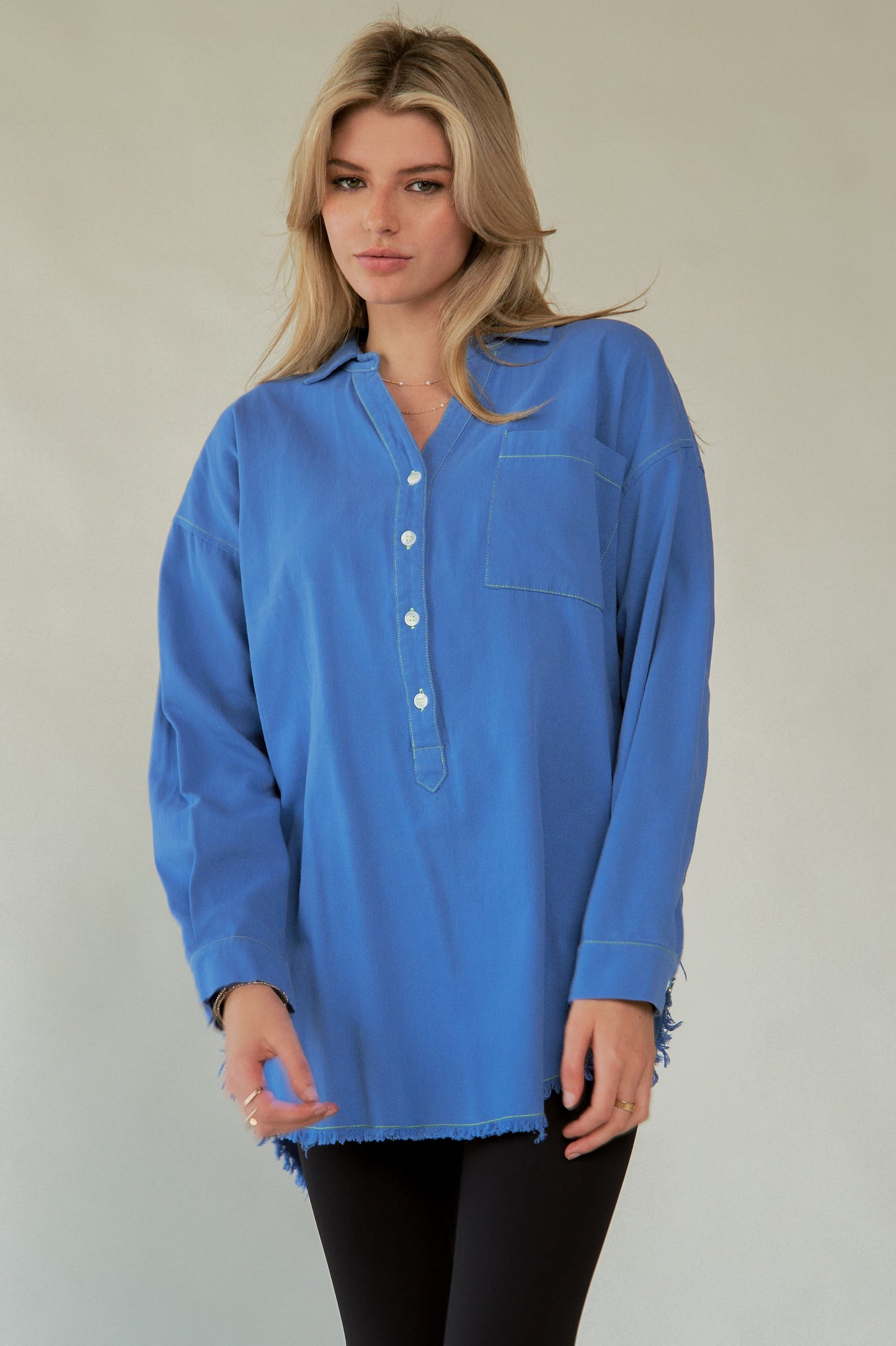 Davi & Dani AMOR Letter Back Raw Hem Half Button Shirt
