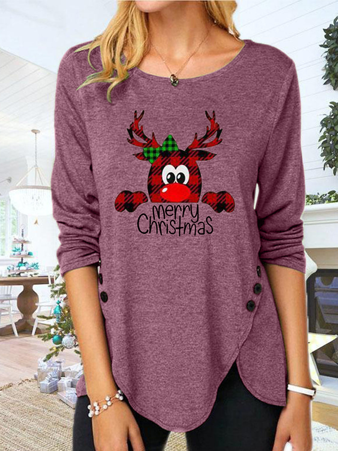 Full Size Reindeer MERRY CHRISTMAS Round Neck Long Sleeve T-Shirt