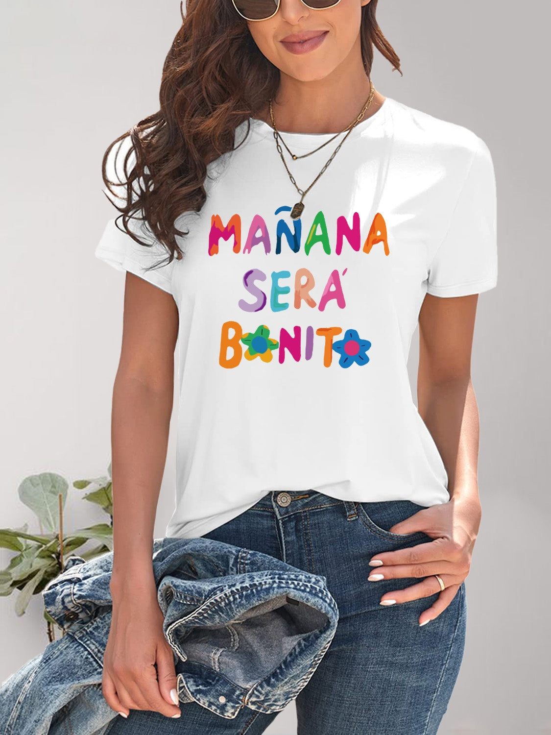 MAÑANA SERA BONITA Letter Graphic Round Neck Short Sleeve T-Shirt