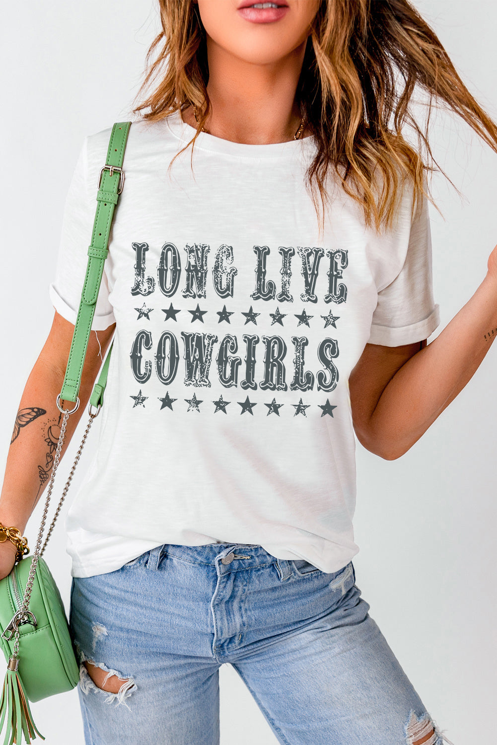 LONG LIVE COWGIRLS Letter Graphic Round Neck Short Sleeve T-Shirt