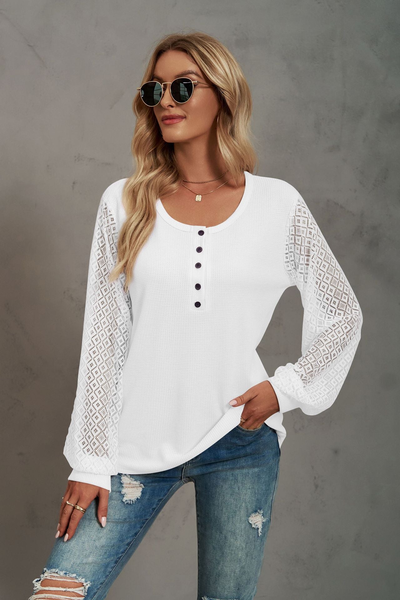 Waffle-Knit Lace Lantern Sleeve Henley Top