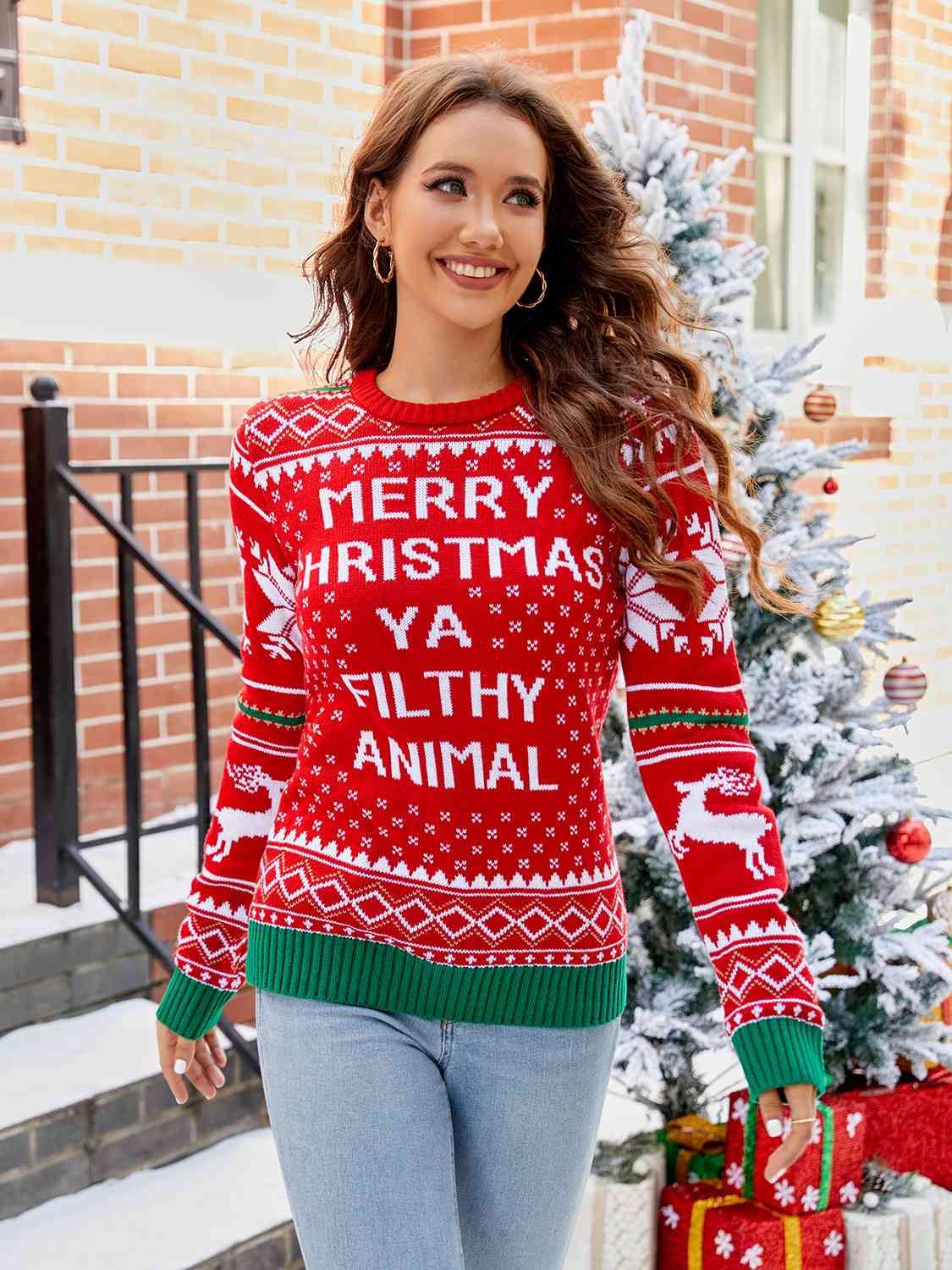 Merry Christmas Ya Filthy Animal Letter Graphic Round Neck Long Sleeve Sweater