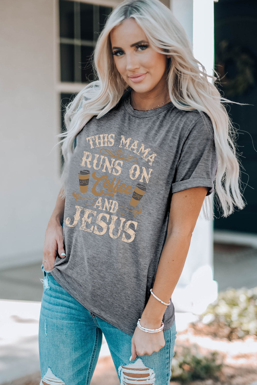 This Mama Runs On Coffee And Jesus Slogan Graphic Round Neck Tee