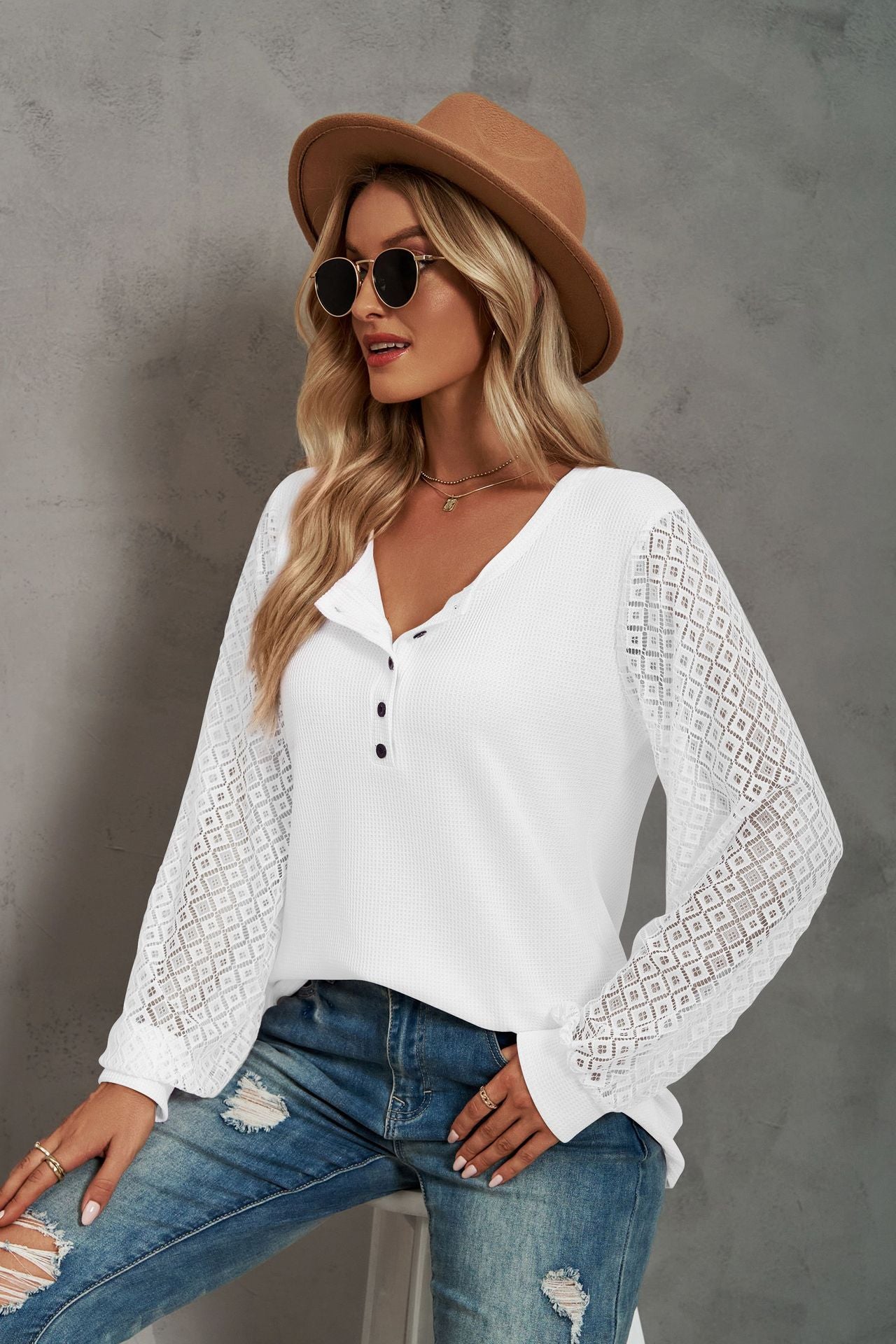 Waffle-Knit Lace Lantern Sleeve Henley Top