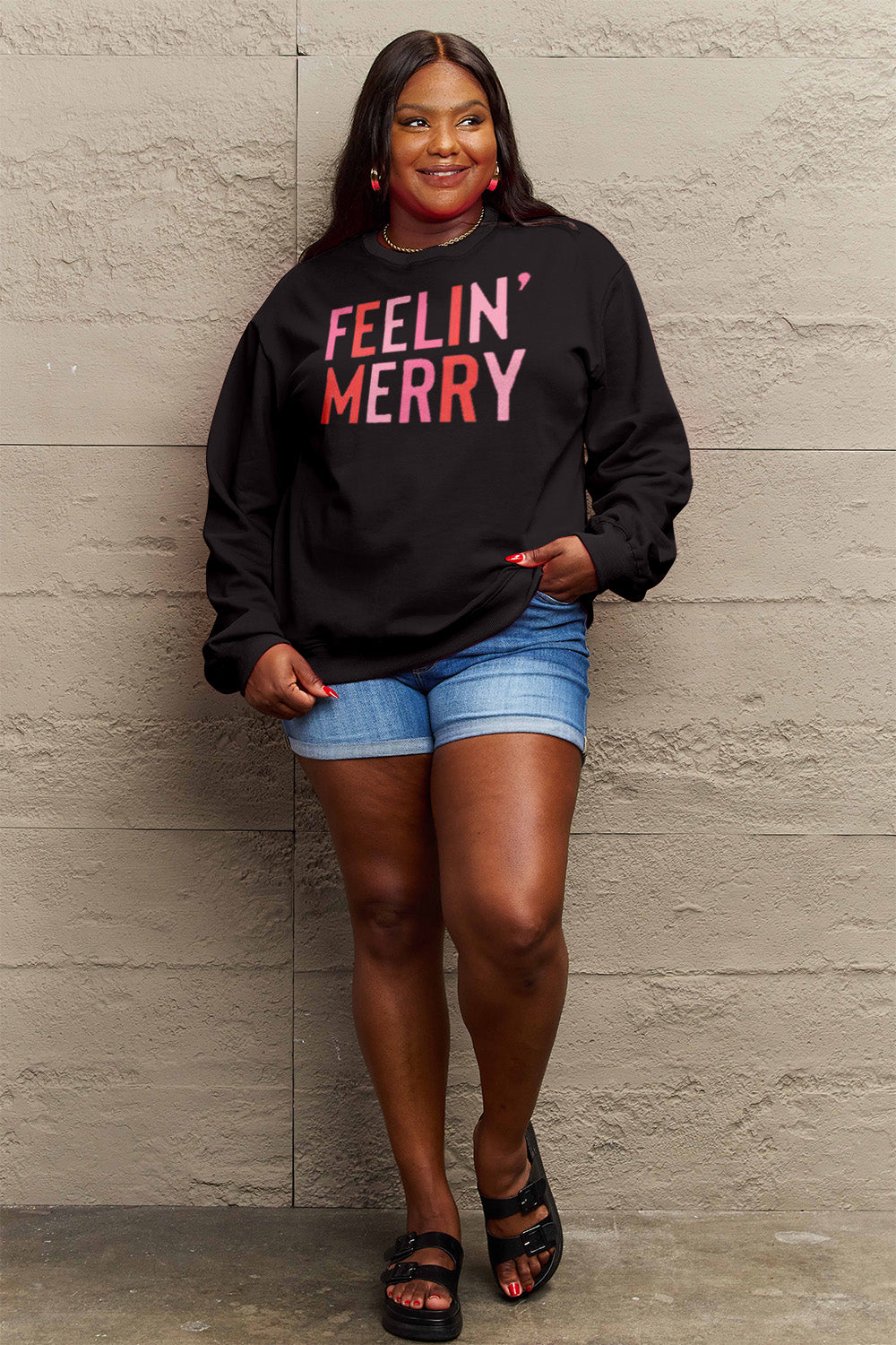 FEELIN' MERRY Simply Love Full Size Graphic Round Neck Sweatshirt
